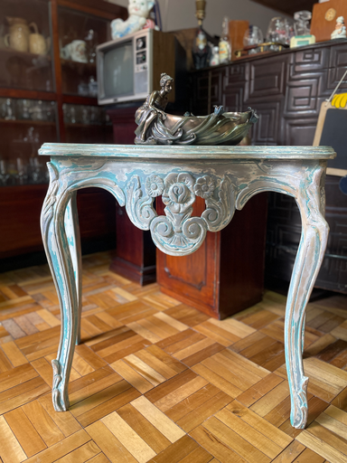 Consola mueble recibidor pintura blanco y azul desgastado estilo vintage