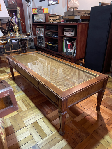 Mesa de centro rectangular en madera , mimbre y vidrio
