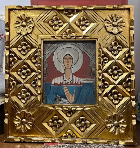 [TES-A-00000000047] Cuadro grande con la pintura de Santa María sosteniendo la mística taza del Grial copia del Abside de san clemente de Tahull. 